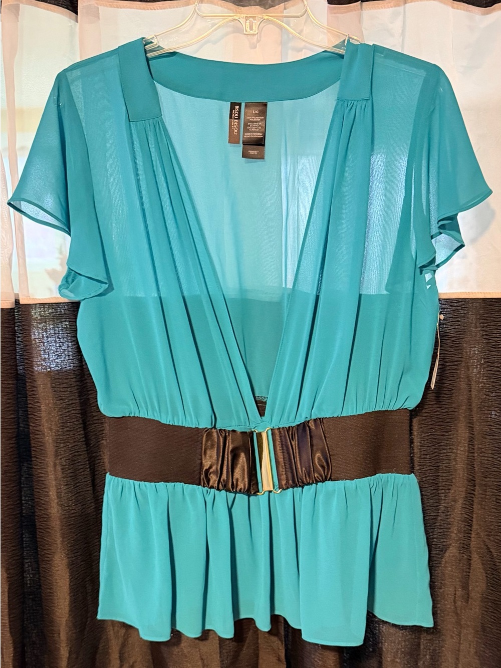 NWT Bisou Bisou Teal and Aqua Sheer V-Neck Blouse